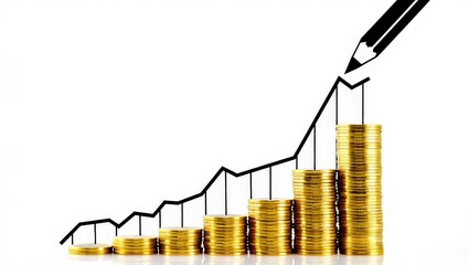 Gold coins stacked in ascending order graph isolated on white background