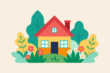 A charming cartoon house with colorful flowers, a lush tree, and green grass creates an idyllic summer village landscape