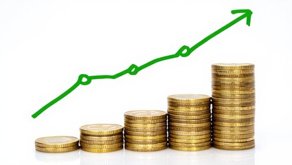 Growing stacks of gold coins with upward arrow isolated on white background