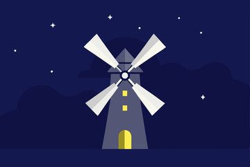 Dutch windmill at night with a starry blue sky, a symbol of green energy and nature's power
