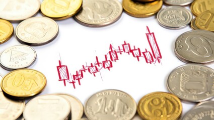 Candlestick chart with coins isolated on white background