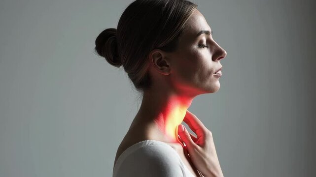 Female professional examining painful throat region, reddened inflammation highlighting potential medical concern, gray clinical setting visualizing health assessment