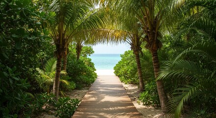 Wooden Pathway Through Tropical Jungle to Beach