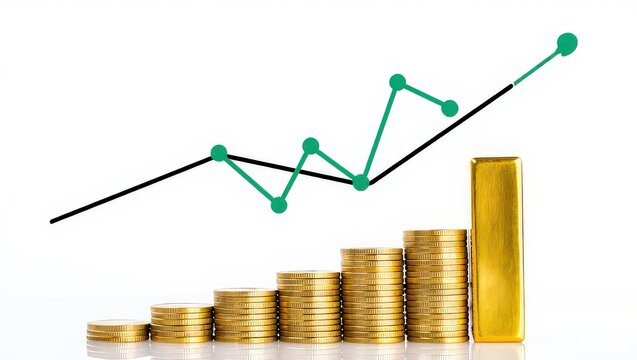 Gold coins stack and bar graph showing growth isolated on white background