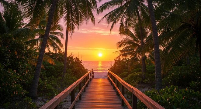 Wooden Pathway to Tropical Beach at Vibrant Sunset. boardwalk through palm trees to the ocean.