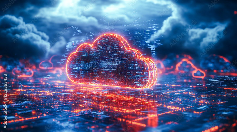 Poster cloud computing with a speeding train on a city background