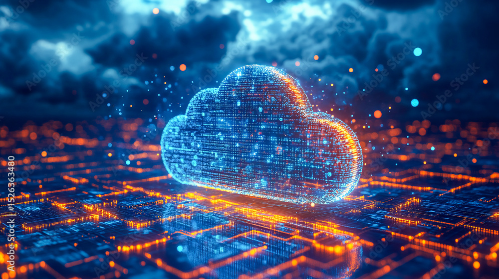 Poster cloud computing with a speeding train on a city background
