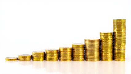 Ascending stacks of gold coins isolated on white background