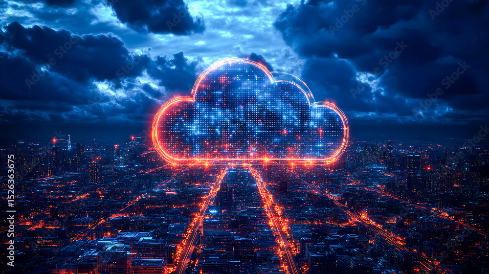 Poster cloud computing with a speeding train on a city background