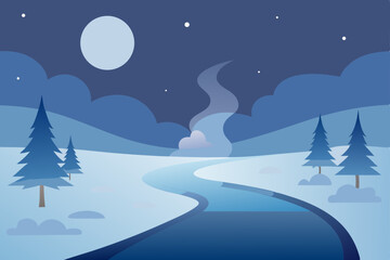 Naklejka premium Christmas winter night landscape with snow, trees, and stars