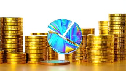 Financial growth chart with gold coins isolated on white background