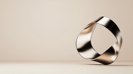 Abstract Metallic Loop 3D Render, Beige Background, Minimalist Design, Gold, Silver Minimalism, Abstract Art