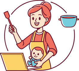 Fototapeta premium Multitasking Mom Cartoon Vector – Supermom Juggling Work, Baby, Cooking & Home Tasks