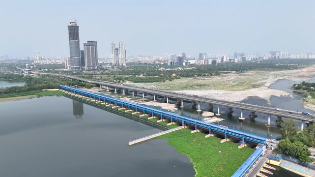 An Aerial Shot of Kalindi Kunj Bridge in Delhi, NCR, India
