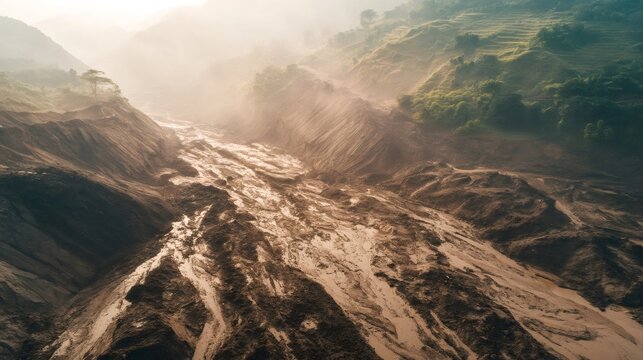 Powerful earthquake triggering a massive mudslide cascading down a mountain valley, illustrating nature's destructive force and the geological impact of seismic activity