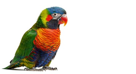 A colorful lorikeet parrot standing against a plain white background in a studio setting