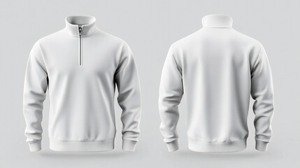 Blank white quarter zip sweater mockup, front and back view