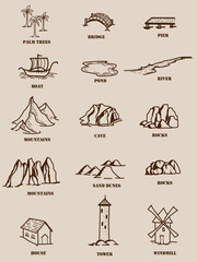 Set of hand drawn vector icons of mountains, windmill, tower, river, pier, bridge, house, rocks. For your historical, fantasy, fairy tale maps and scene designs