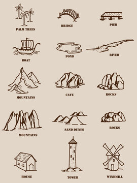 Set of hand drawn vector icons of mountains, windmill, tower, river, pier, bridge, house, rocks. For your historical, fantasy, fairy tale maps and scene designs