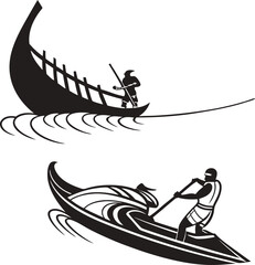 Fisherman in a cartoon fishing boat silhouette on the sea