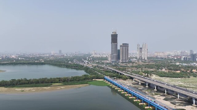 An Aerial Shot of Kalindi Kunj Bridge in Delhi, NCR, India
