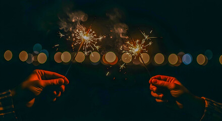Sparkling Celebration: Hands Holding Sparklers on Independence Day with Bokeh Lights in the Background
