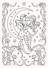 Obraz premium Monochrome line art coloring page. Little witch surrounded by floral forest elements. Fantasy contour graphic. Line art illustration combines elements of mystery and wonder. Black and white color pale