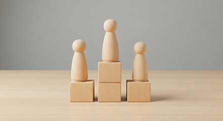Wooden mannequins symbolizing business teamwork hold a red heart and a wooden toy, representing concepts of success and leadership