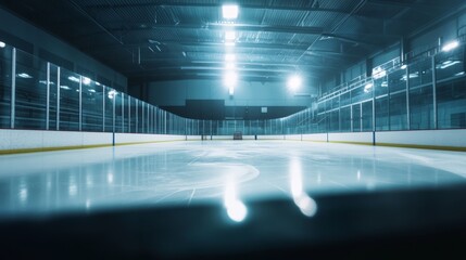 A hockey rink's penalty box with glass and ice, indoor setting with bright lights, Modern style