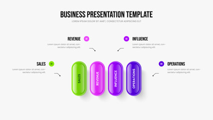 Sales Briefing Slideshow Template Vector Illustration. Enterprise Introduction Four Step Diagram Slide Layout. Professional Review 4 Option Infographic Frame Design.