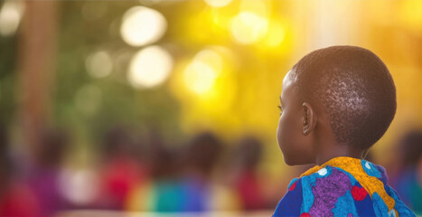 Naklejka premium Child observing surroundings in colorful attire during outdoor gathering