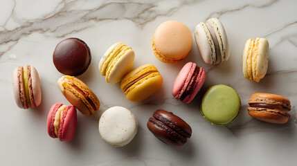 assorted French macarons on marble surface
