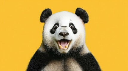 Naklejka premium Surprised Panda Digital Painting, Close-up, Yellow Background, Joyful Expression Panda, Digital Art