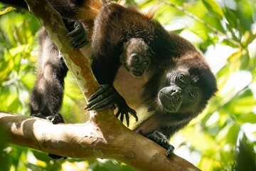 Mother howler monkey with baby on a tree.