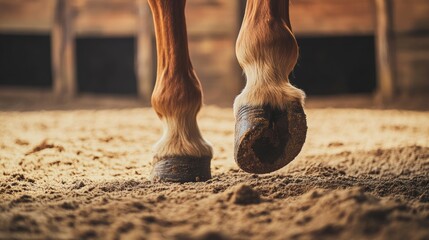 A horse's hoof on sand, outdoor setting with stable background, Natural style