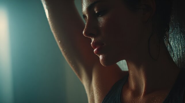 Close up profile of a sweaty sportswoman relaxing after a shower, water droplets glistening on her skin and hair, conveying a sense of accomplishment and refreshment