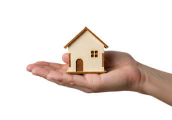 Isolated Hand Holding Small Wooden House Model