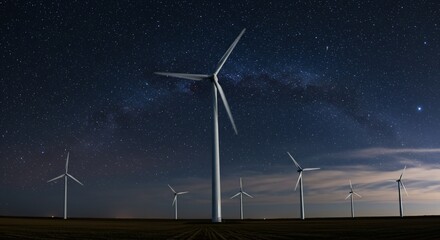 Wind turbine standing under a dark starry night sky. Green energy concept. Sustainable environment technology.