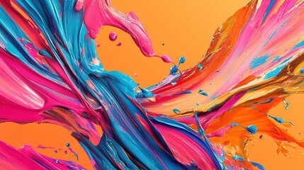 Vibrant Abstract Swirls of Colorful Paint on a Bright Orange Background