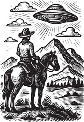 cowboy watching ufo vector illustration