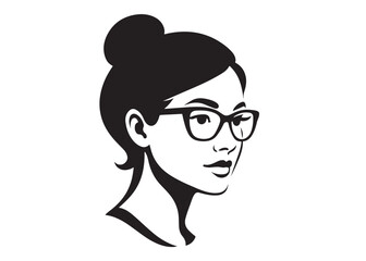 woman face glasses logo silhouette vector, woman wearing glasses logo icon silhouette, woman head with sunglass silhouette vector, girl with glasses silhouette on white background