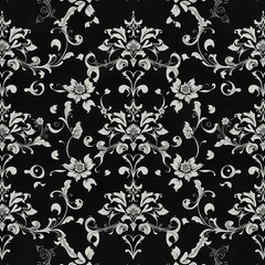 AI-Generated Seamless Grayscale Floral Pattern with Stylized Flowers and Swirling Foliage on Black Background