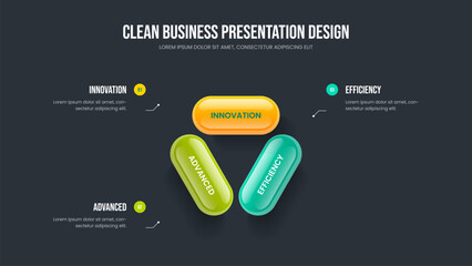 Product Overview 3 Element Diagram Presentation Layout. Financial Strategy Three Step Infographic Frame Design. Visual Proposal Slide Template Vector Illustration.