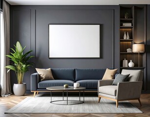 Modern living room with blue sofa gray walls and blank frame for artwork