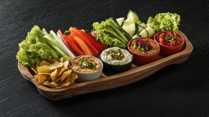 Colorful platter of fresh vegetables and dips arranged on a wooden board