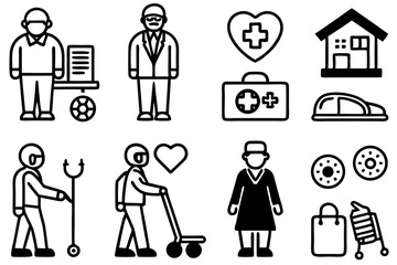 Elderly Care and Healthcare Vector Icons Set | Medical & Senior Support Symbols