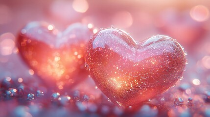 Obraz premium Abstract Valentine's Day art featuring floating 3D metallic hearts with iridescent reflections in a pink and gold color scheme for a luxurious love theme.
