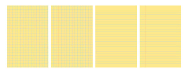Set of yellow legal pad pages with lined or grid designs