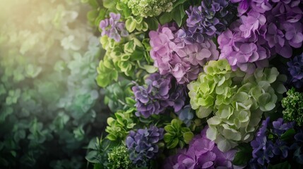 Vibrant garden wall adorned with blooming hydrangeas in various colors, softly lit