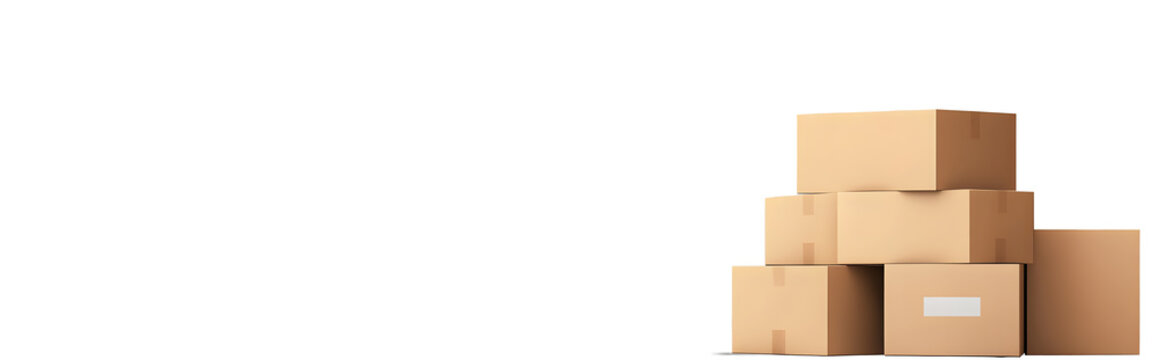 Stacked cardboard boxes in front of door isolated on transparent background